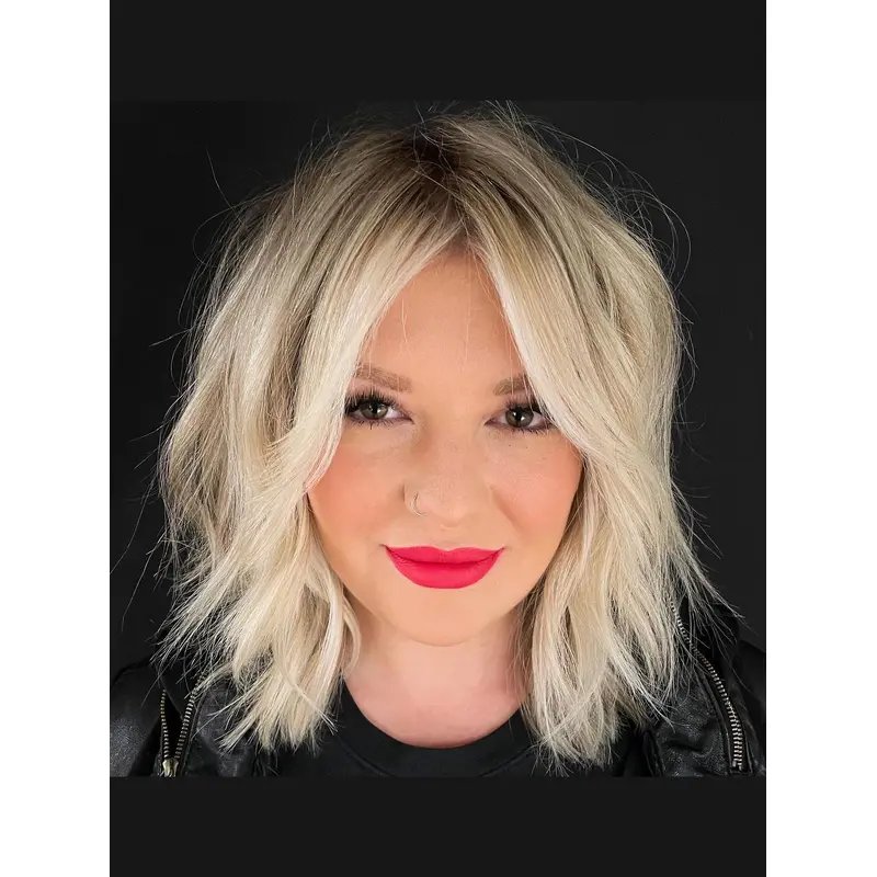 Layered Wigs Medium Length 12" Remy Human Hair Platinum Blonde Wavy Monofilament Wigs
