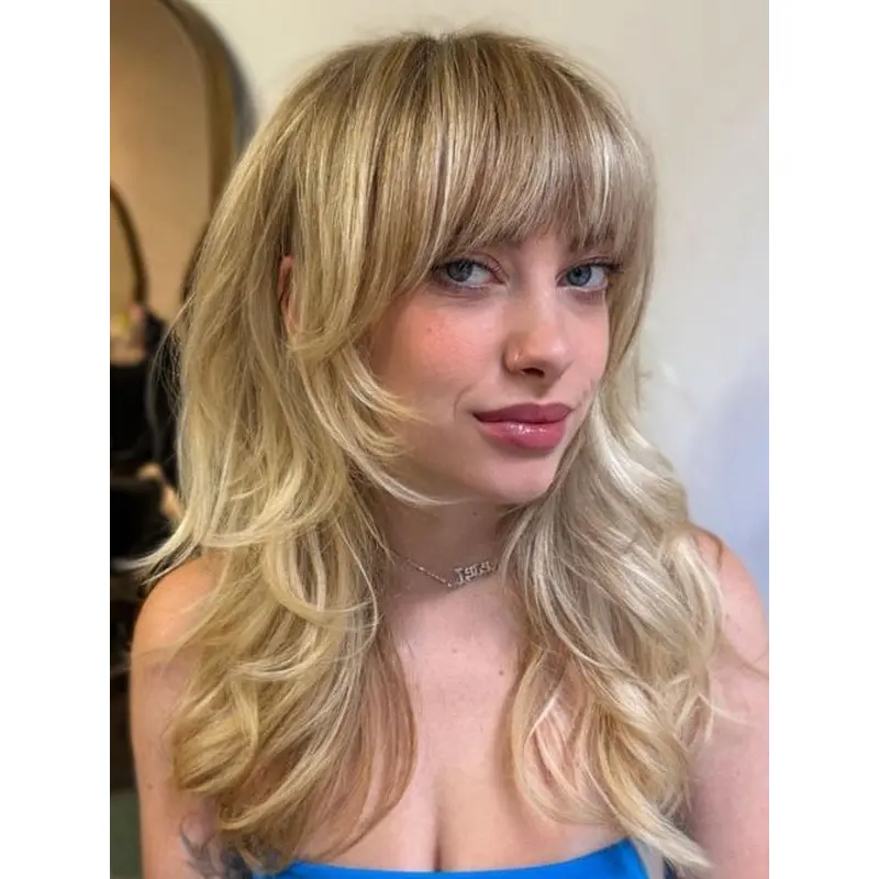 Lace Front Wig Wavy With Bangs 16" Long Blonde Remy Human Hair Wigs