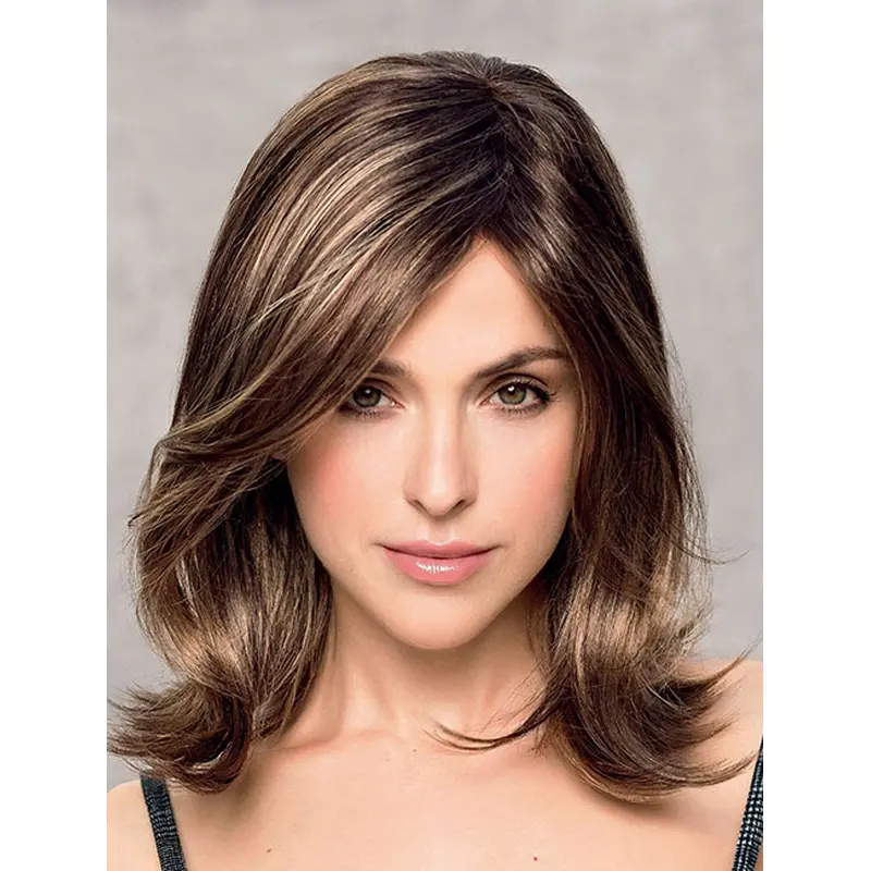 Synthetic Layered Sassy Shoulder Length Wavy Brown Hand Tied Wigs