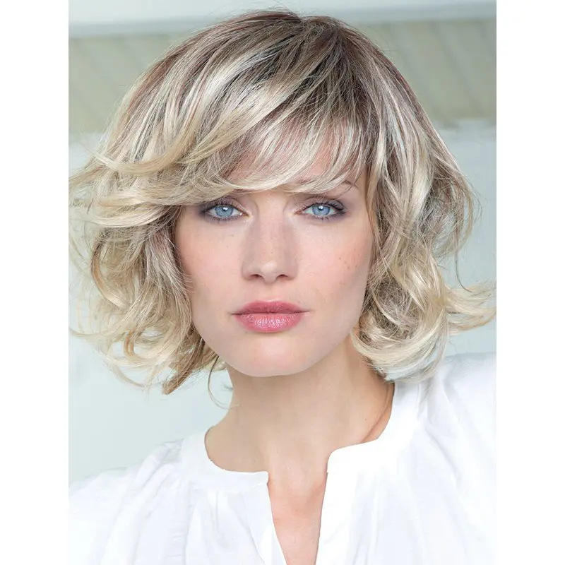 Fabulous Blonde Shoulder Length Curly With Bangs Popular Wigs