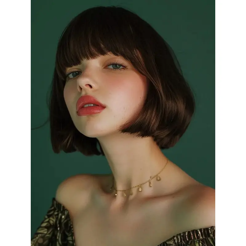 Lace Front Human Hair Wigs Medium Length 10" Straight With Bangs Wigs