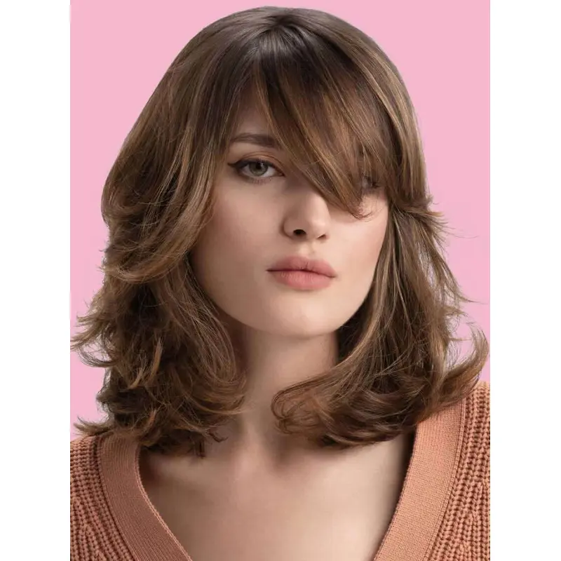 Wig Medium Brown Synthetic Wavy With Bangs 14" Shoulder Length Wigs