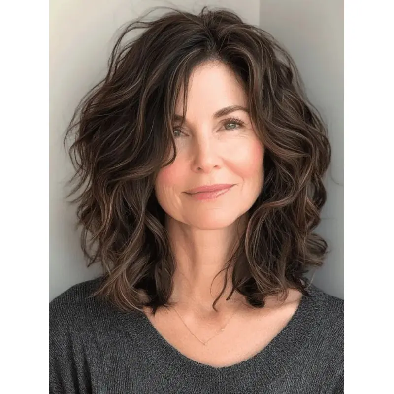 Medium Lengthh Curly Brown Wig 14" Monofilament Remy Human Hair Wigs