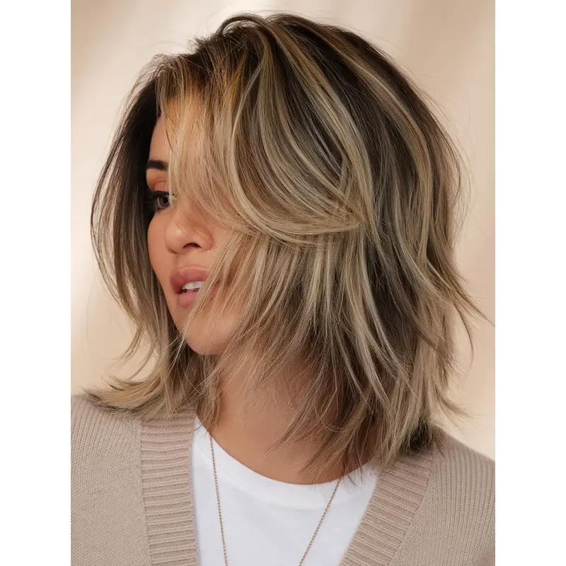 Human Hair Medium Length Wigs Shoulder Length 12" Layered Wigs