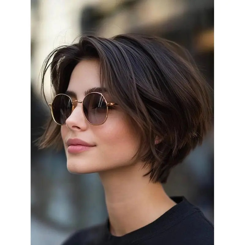Black Medium Length Wig Monofilament 10" Remy Human Hair Bobs Straight Wigs