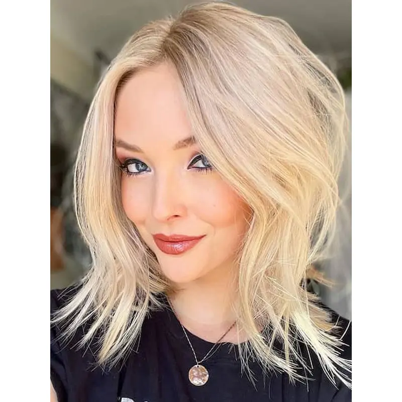 Medium Length Real Hair Wigs Monofilament 12" Wavy Layered Wigs