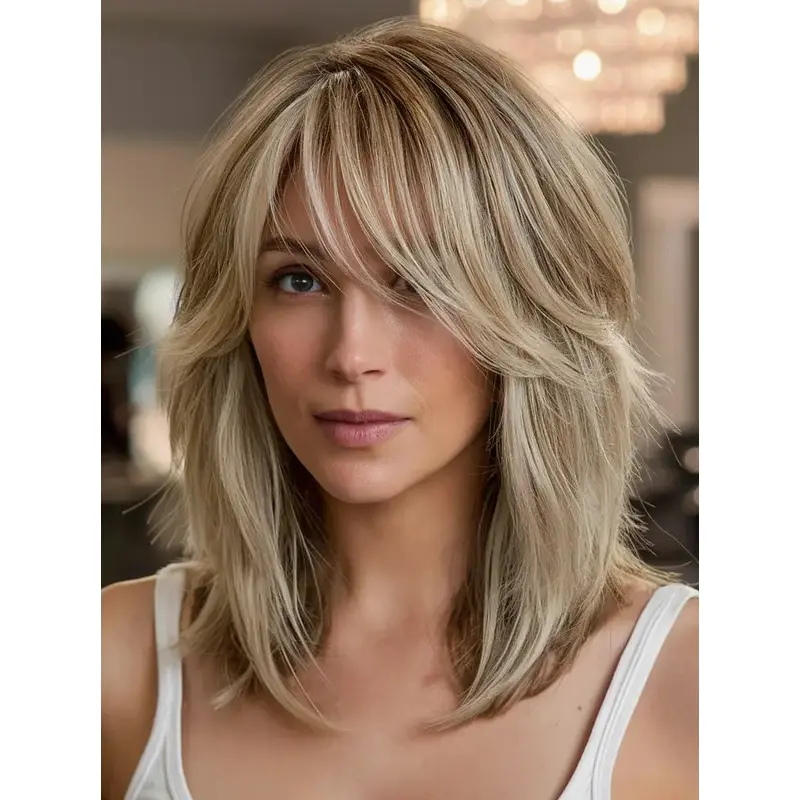 Medium Blonde Wig With Bangs Synthetic Shoulder Length Monofilament Straight 14" Wigs