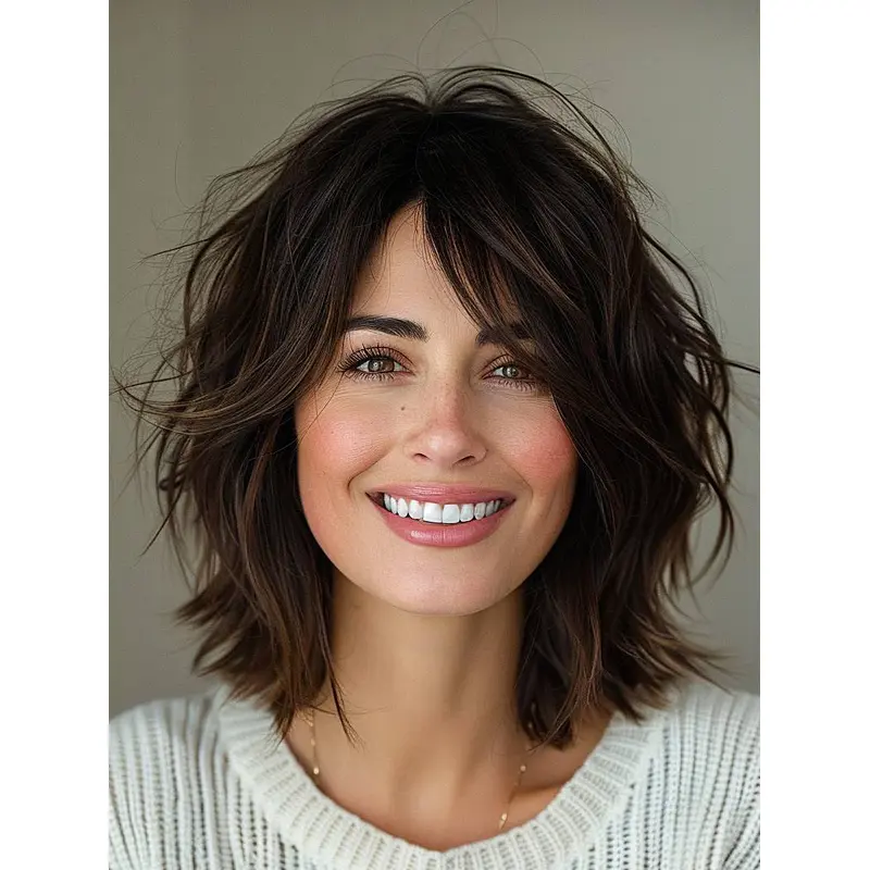 Wigs Medium Length Layered Wavy Remy Human Hair 14" Brown Lace Front Wigs