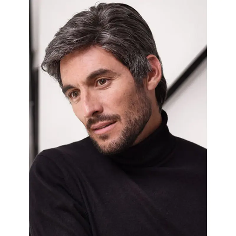Straight Synthetic Cropped Monofilament 4" Grey High Quality Men Wigs