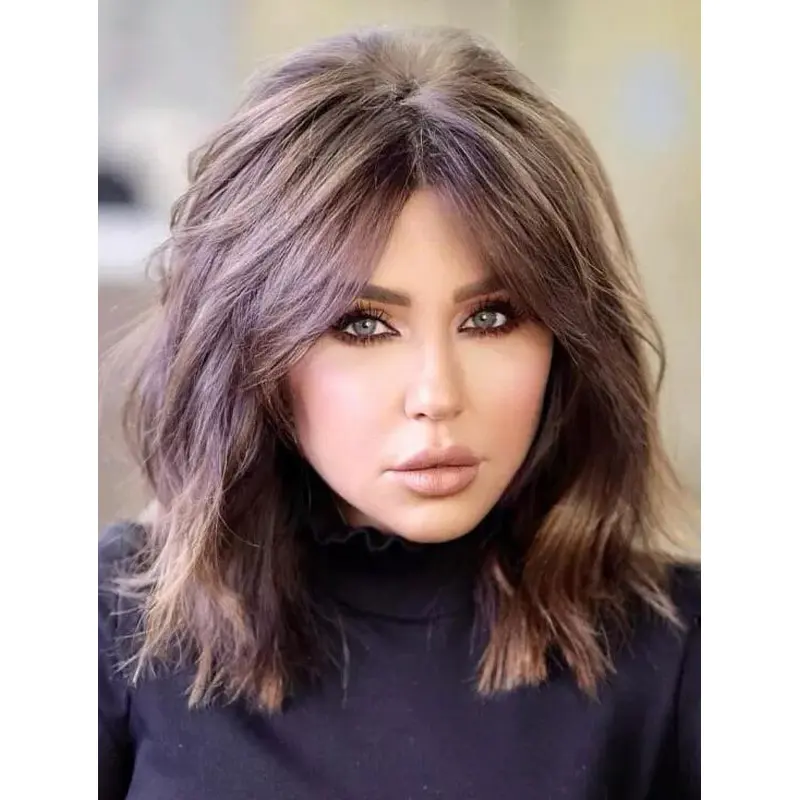 Lace Front Wig Sale Synthetic Shoulder Length Wavy 14" Face-Framing Bangs Wigs