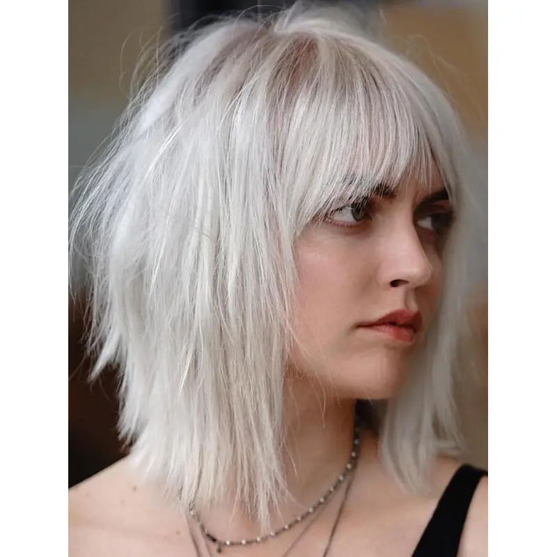 Lace Wig Straight Synthetic Lace Front Layered Arched Bangs Wigs
