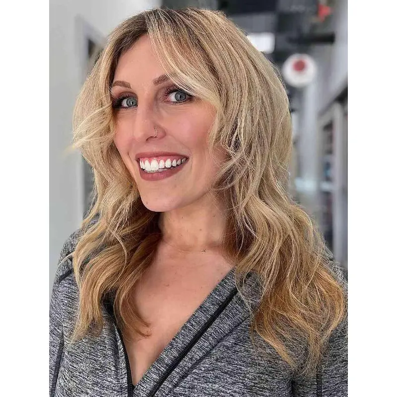 Blonde Front Lace Wigs Wavy Synthetic Curtain Bangs Wigs