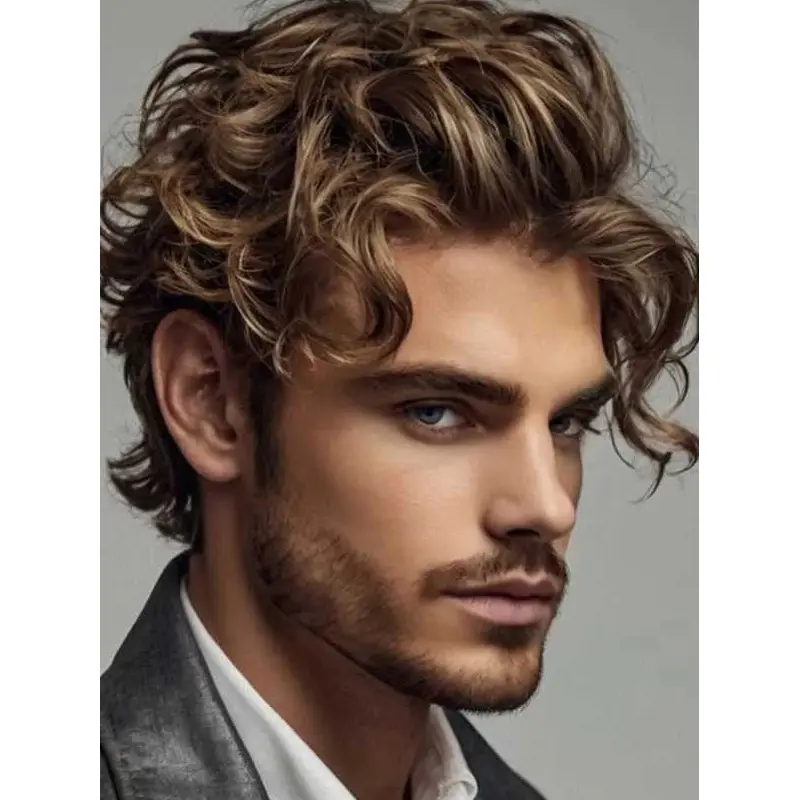 Man Wigs Layered Brown Monofilament Wavy Wigs