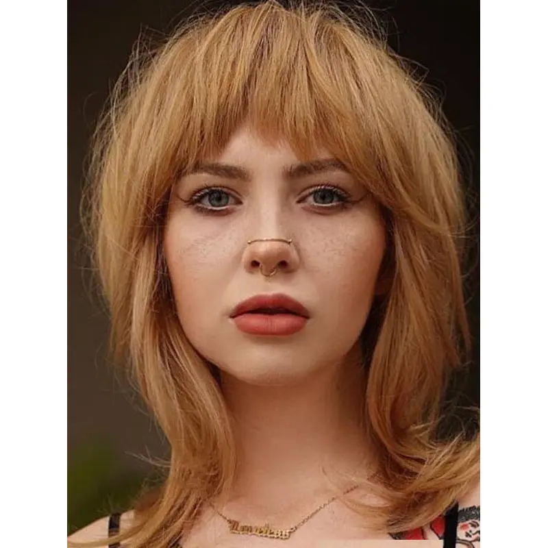 Wigs For Women Shoulder Length Wavy Lace Wigs With Bangs Shag Wigs Synthetic Wigs