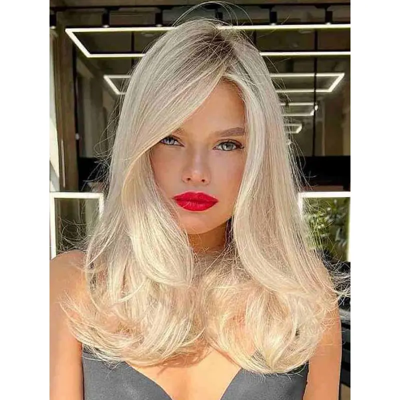 Synthetic Wigs Layered Lace Front Wigs Wavy Shoulder Length Blonde Wigs