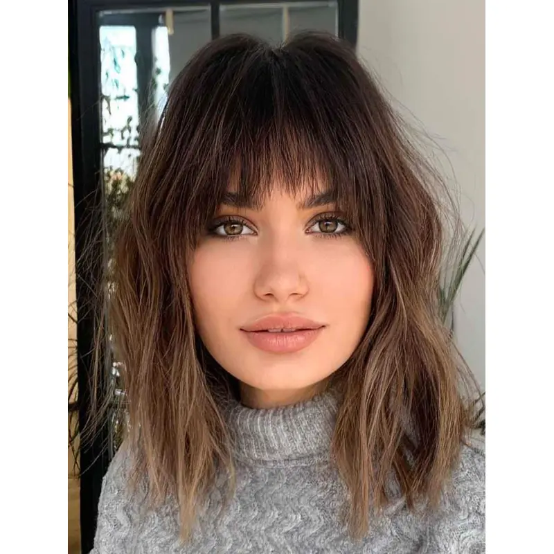 Medium Length Wigs With Bangs Synthetic Wigs Lace Front Wavy Wigs