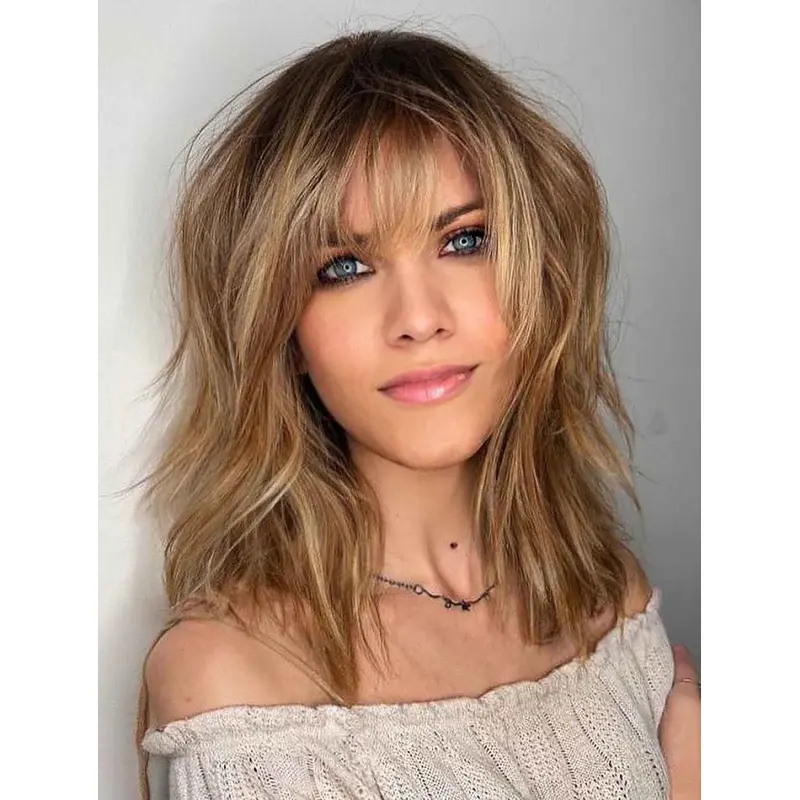 Medium Length Wigs With Bangs Synthetic Wigs Lace Front Wavy Wigs
