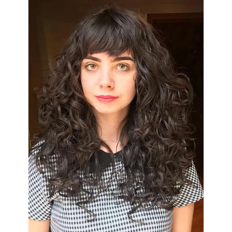 Curly Black Wig Lace Front Black Synthetic With Bangs Curly Wigs