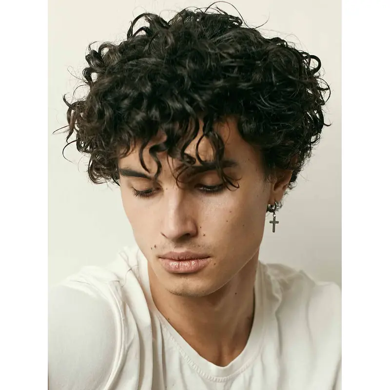Monofilament Black Curly Remy Human Hair Short Bold Cut Men Wigs