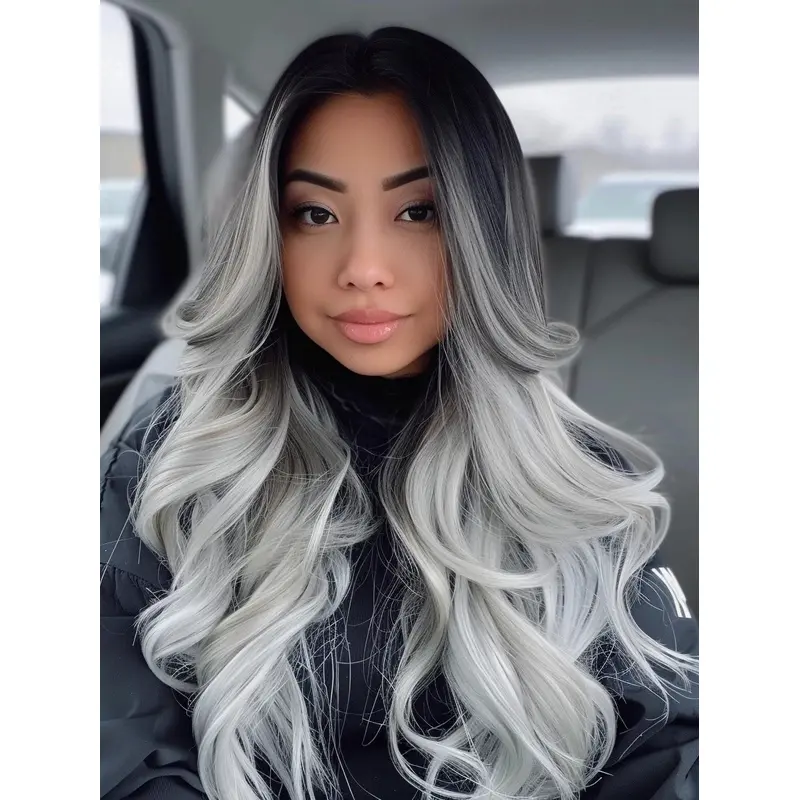 Grey Wigs Long Hair Wavy Without Bangs 24" Lace Front Wigs