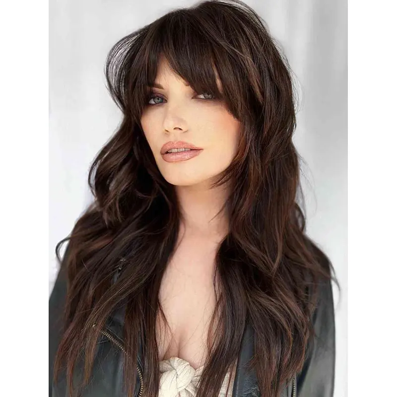 Long Brown Wigs Sassy Lace Wigs Wavy With Bangs Long Shag Wigs