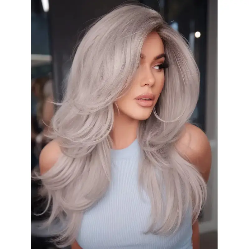 Long Grey Wig Lace Front 20" Layered Wavy Wigs