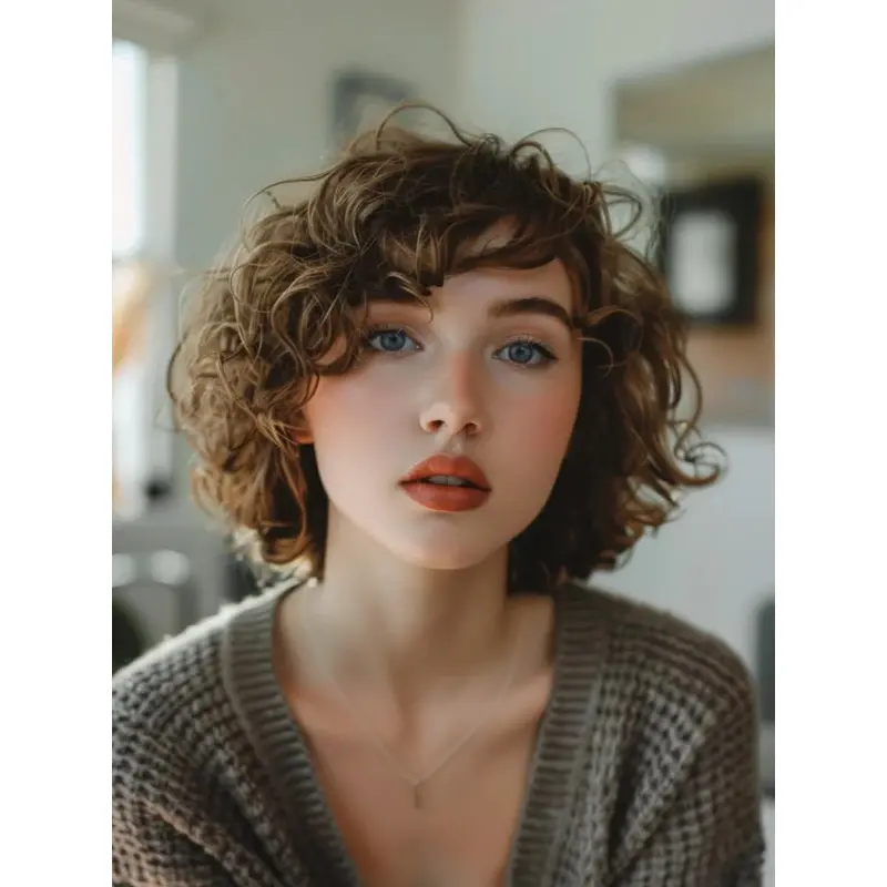Short Curly Wig Brown Bobs Synthetic 8" Lace Front Wigs