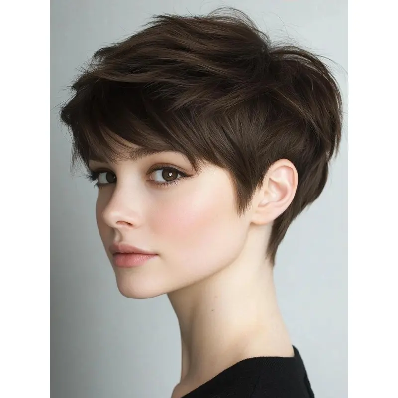 Human Hair Short Wig Boycuts 6" Brown Straight Monofilament Wigs