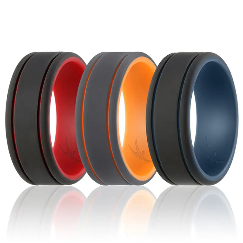ROQ Silicone Wedding 2Layer Lines Ring Set - Grey-Black by ROQ for Men - 3 x 9 mm Ring