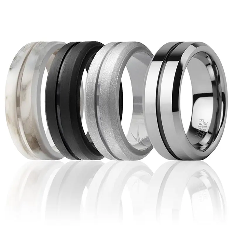 ROQ Silicone Wedding Twin Middle Line Ring Set - Marble by ROQ for Men - 4 x 7 mm Ring