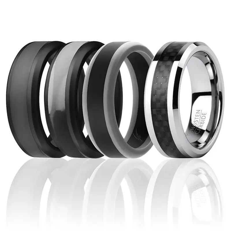 ROQ Silicone Wedding Twin Carbon Ring Set - Black-Grey by ROQ for Men - 4 x 8 mm Ring