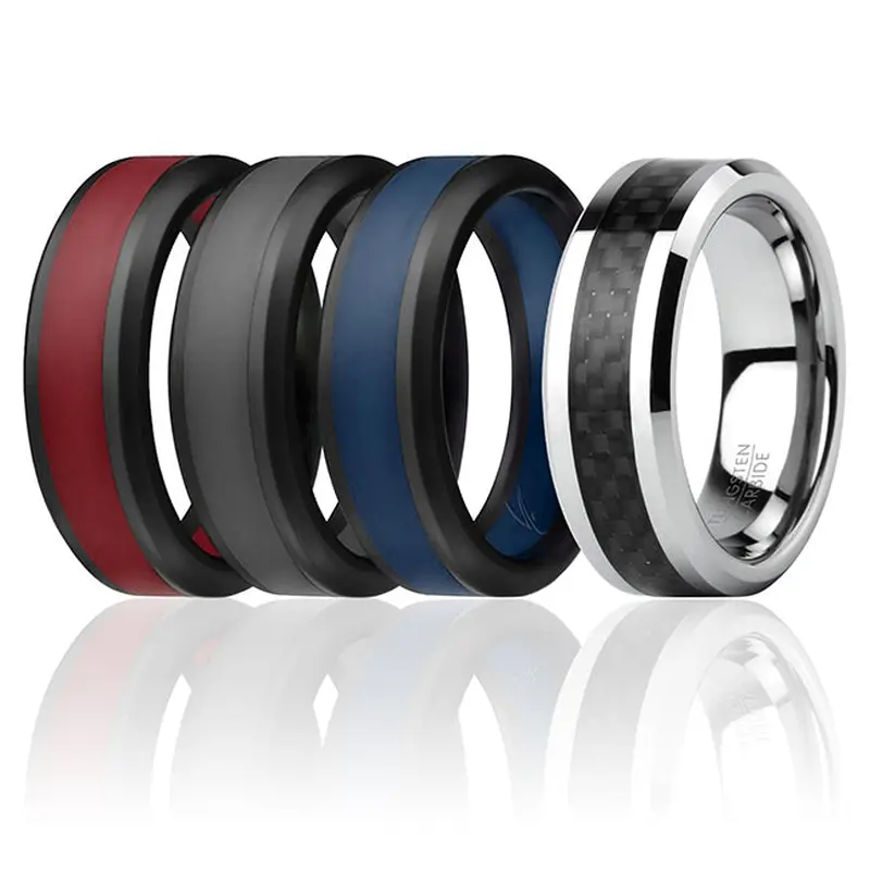ROQ Silicone Wedding Twin Carbon Ring Set - Bordeaux by ROQ for Men - 4 x 13 mm Ring