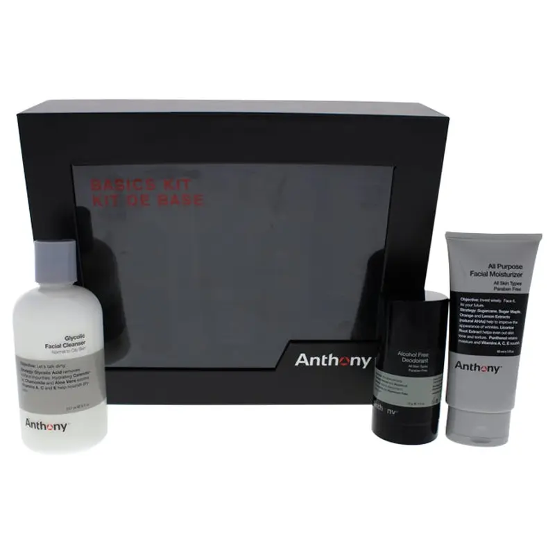 Anthony Basics Kit by Anthony for Unisex - 3 Pc 8oz Glycolic Facial Cleanser, 3oz All Purpose Facial Moisturizer, 2.5oz Alcohol Free Deodorant Stick