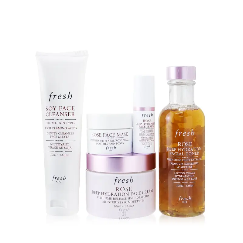 Fresh Rose Deep Hydration Ritual Set: 1x Soy Face Cleanser - 50ml/1.6oz + 1x Rose Deep Hydration Face Cream 50ml/1.6oz + 1x Rose Deep Hydration Facial Toner - 100ml/3.3oz + 1x Rose deep Hydration Face Serum - 5ml/0.17oz + 1x Rose Face Mask - 15ml/0.5oz