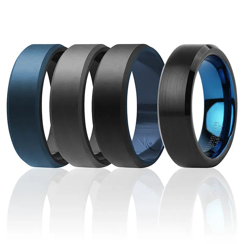 ROQ Silicone Wedding Twin Beveled 8mm Ring Set - Blue by ROQ for Men - 4 x 11 mm Ring
