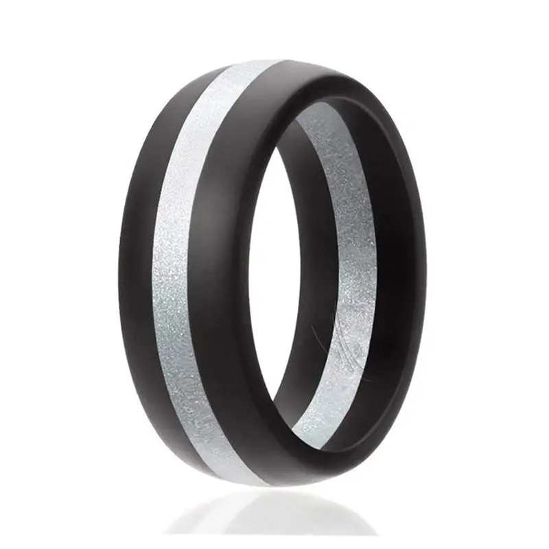 ROQ Silicone Ring - Dome Style with Middle Line - Black-Silver by ROQ for Men - 11 mm Ring