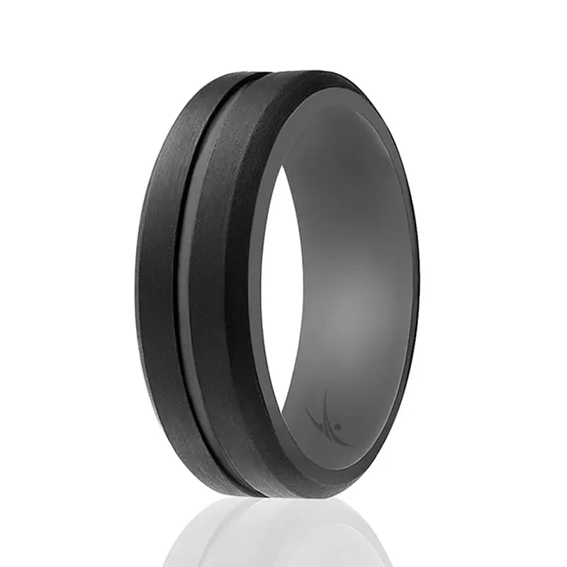 ROQ Silicone Wedding 2Layer Middle Line Ring - Grey-Black by ROQ for Men - 13 mm Ring
