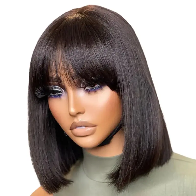 Supreme 13A Celebrity Grade 100% Unprocessed Human Hair Straight Bob Wig with Bangs 10" Wig- Monique