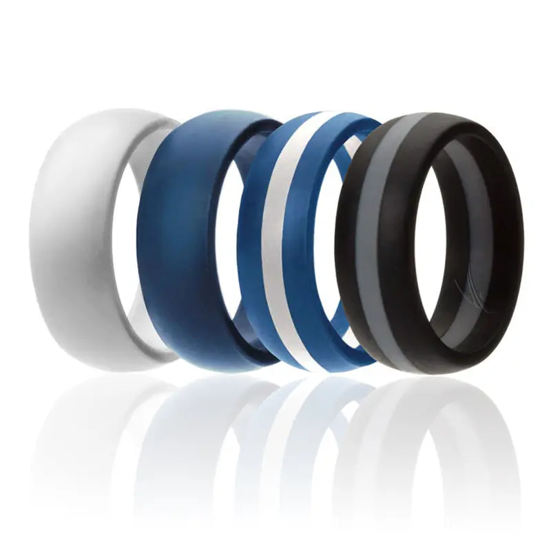ROQ Silicone Ring - Dome Style and Dome Style with Middle Line Set by ROQ for Men - 4 x 13 mm White, Blue, Blue with White Line, Black with Grey Line