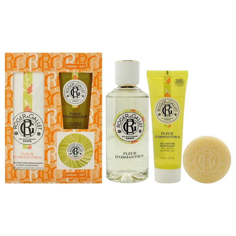 Roger & Gallet Fleur dOsmanthus by Roger & Gallet for Unisex - 3 Pc Gift Set 3.3oz Wellbeing Fragrant Water, 1.6oz Wellbeing Soap, 1.6oz Wellbeing Shower Gel