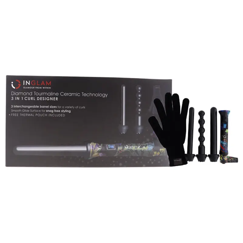 Inglam 3-In-1 Curl Iron Designer Kit - HTA 015DF Flower Powder by Inglam for Unisex - 3 Pc 1 Inch Barrel, 0.75 Inch Barrel, 1 Bubble Barrel