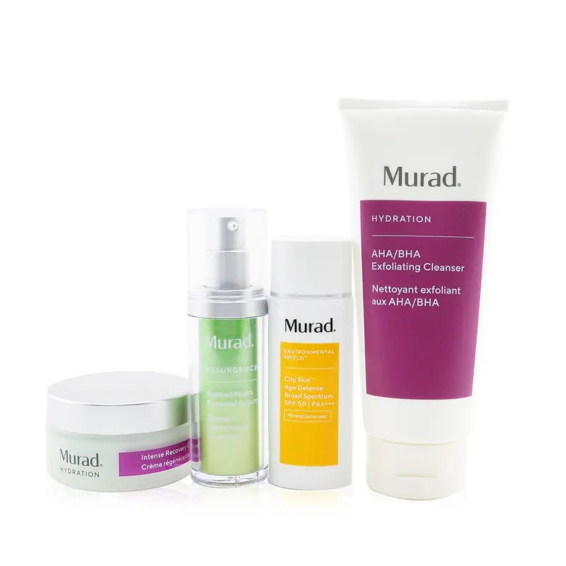 Murad Murad Skin Clinic Radiance Revealed With Murad Set: Retinol Youth Renewal Serum 30ml + City Skin Age Defense Mineral Sunscreen SPF 50 50ml + AHA/ BHA Exfoliating Cleanser 200ml + Intense Recovery Cream 50ml  4pcs