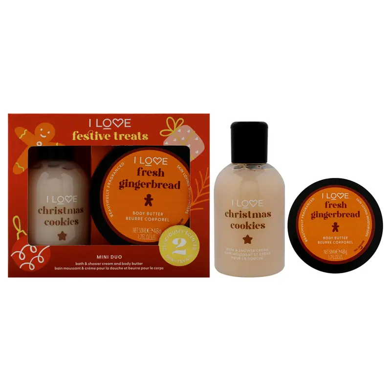 I Love Cosmetics I Love Festive Treat Mini Duo by I Love Cosmetics for Unisex - 2 Pc 3.3oz Christmas Cookie Bath and Shower Creme, 1.7oz Fresh Gingerbread Body Butter