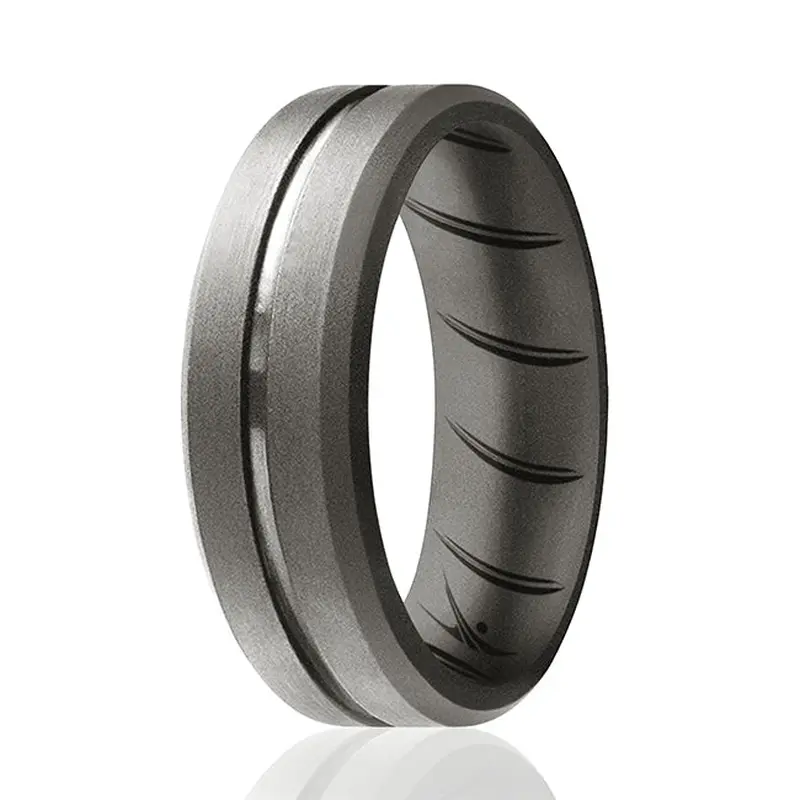 ROQ Silicone Wedding BR Middle Line Ring - Basic-Silver by ROQ for Men - 13 mm Ring