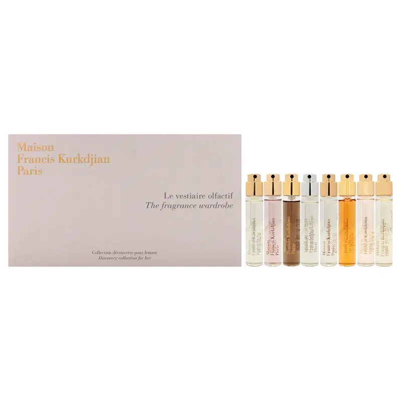 Maison Francis Kurkdjian The Fragrance Wardrobe For Her by Maison Francis Kurkdjian for Women - 8 Pc Gift Set 8 x 0.37oz EDP Spray Aqua Media Cologne forte, A la rose, 724, Petit Matin, Gentle Fluidity Gold, OUD Satin Mood, Grand Soir, Baccarat Rouge 540