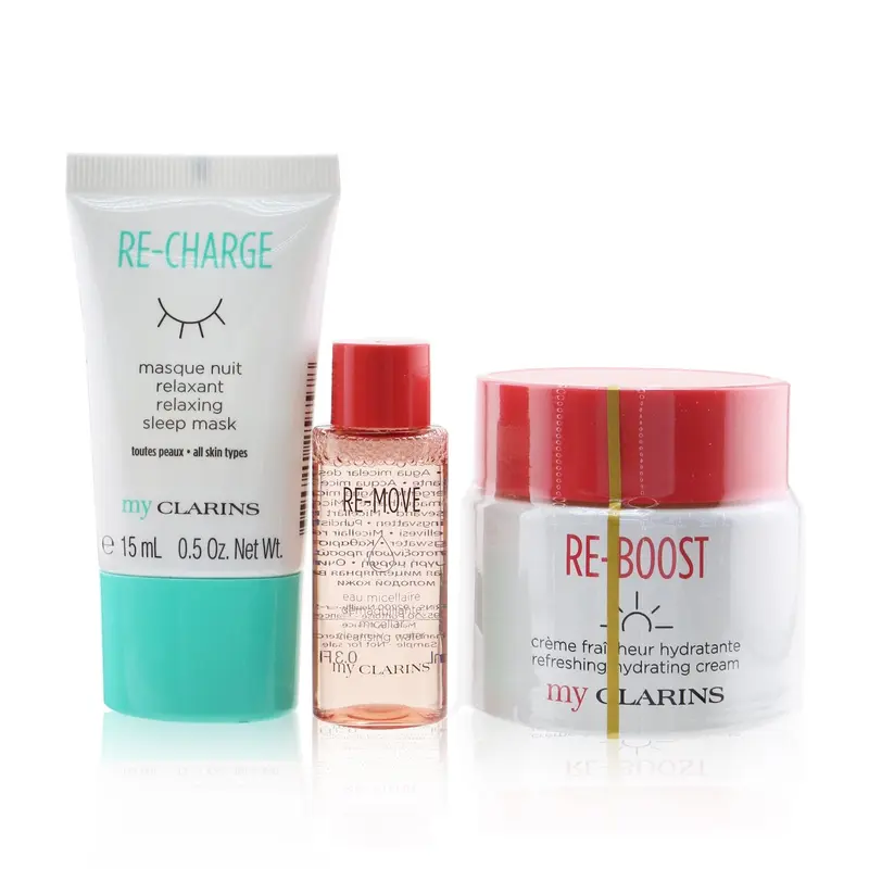 Clarins My Clarins Essentials Set: Re-Boost Hydrating Cream 50ml+ Re-Move Cleansing Water 10ml+ Re-Charge Sleep Mask 15ml  3pcs