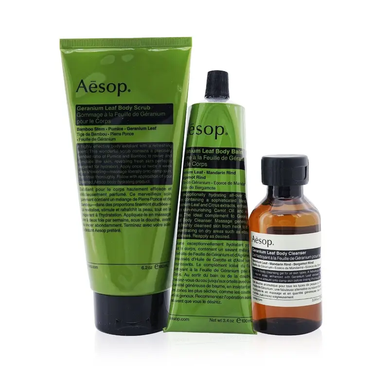 Aesop The Listener: Geranium Leaf Body Cleanser 100ml+ Geranium Leaf Body Scrub 180ml+ Geranium Leaf Body Balm 100ml  3pcs