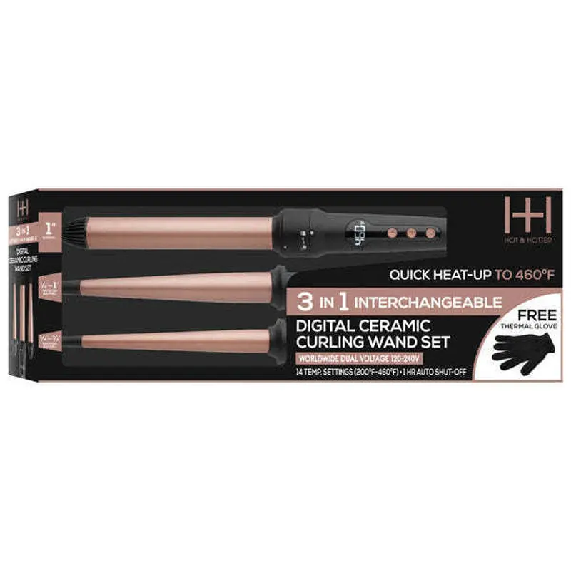Hot & Hotter 3-In-1 Interchangeable Digital Curling Wand Set Rose Gold & Black #5997