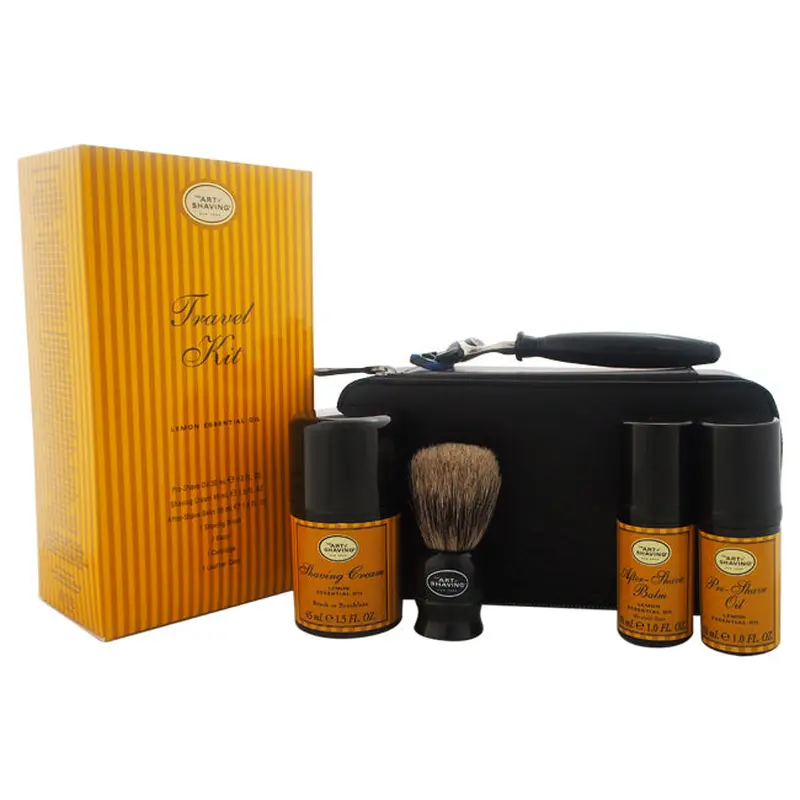 The Art of Shaving Travel Kit - Lemon by The Art of Shaving for Men - 7 Pc Kit 1oz Pre-Shave Oil, 1.5oz Shaving Cream, 1oz After-Shave Blam, Shaving Brush, Razor, Cartridge, Leather Case