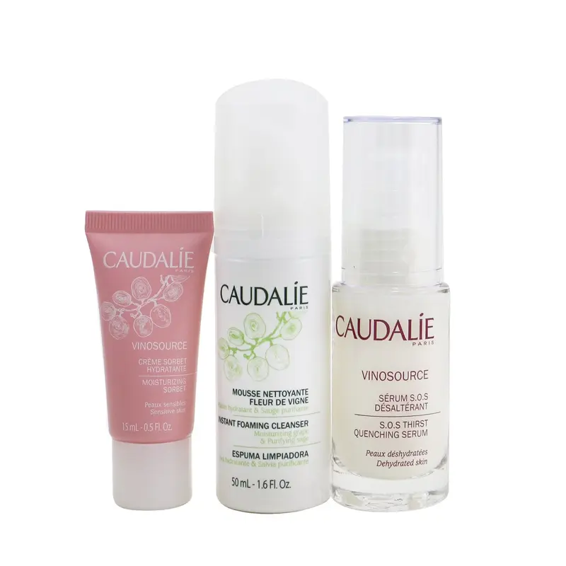 Caudalie Vinosource S.O.S Hydration Set: S.O.S Thirst-Quenching Serum 30ml+ Instant Foaming Cleanser 50ml+ Moisturizing Sorbet 15ml  3pcs